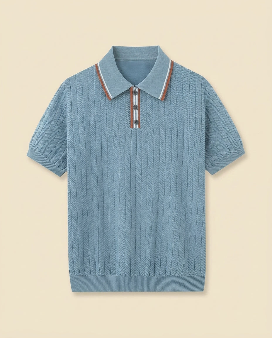 Herringbone Knit Polo Open Collar - Sky Blue