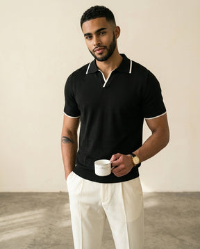 Open Collar Knit Polo Black - Black - view 3
