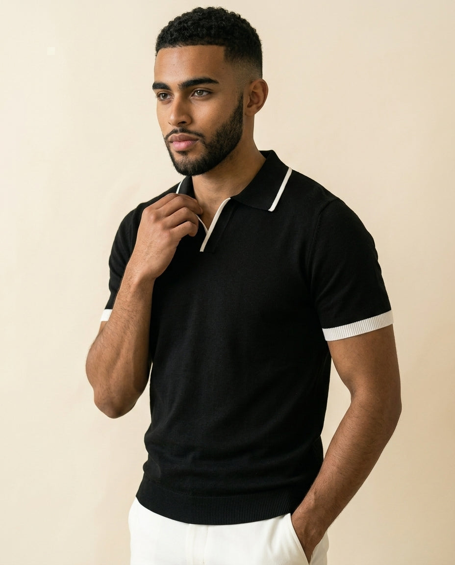 Open Collar Knit Polo Black - Black - view 2