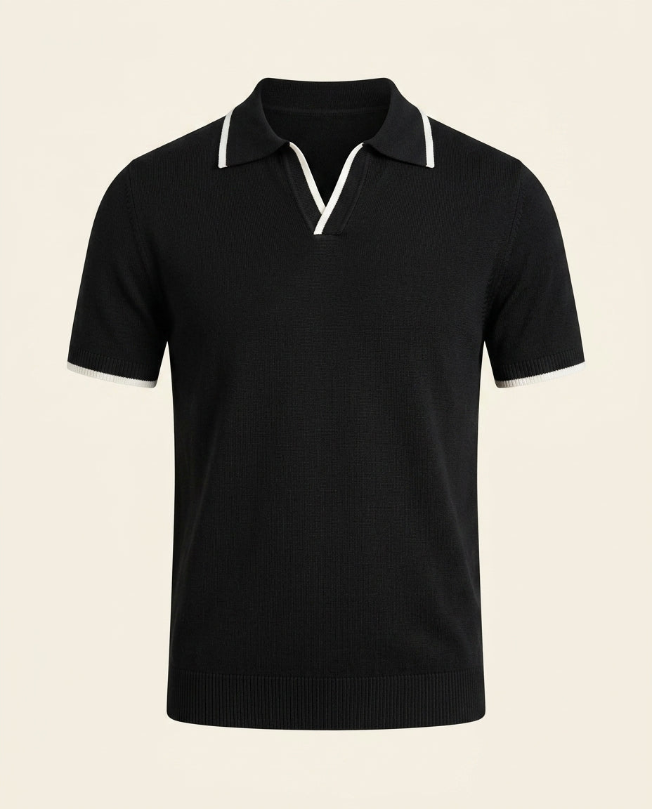 Open Collar Knit Polo Black - Black