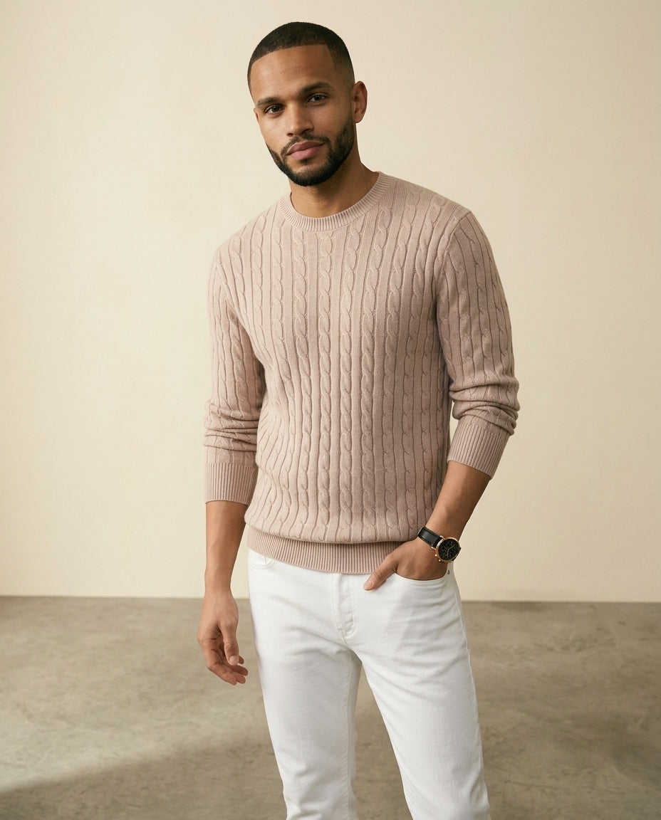 Cable Knit Crewneck Sweater Taupe - Taupe - view 3