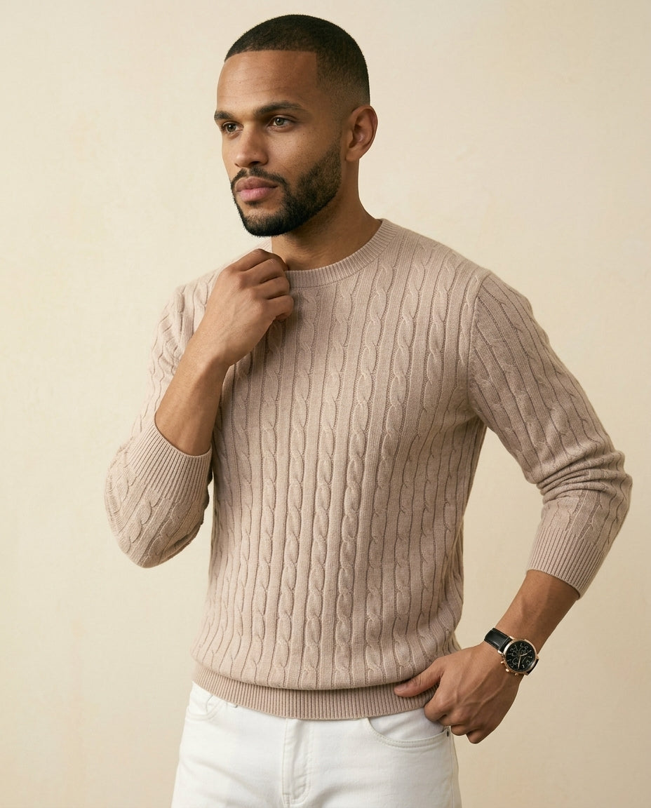Cable Knit Crewneck Sweater Taupe - Taupe - view 2