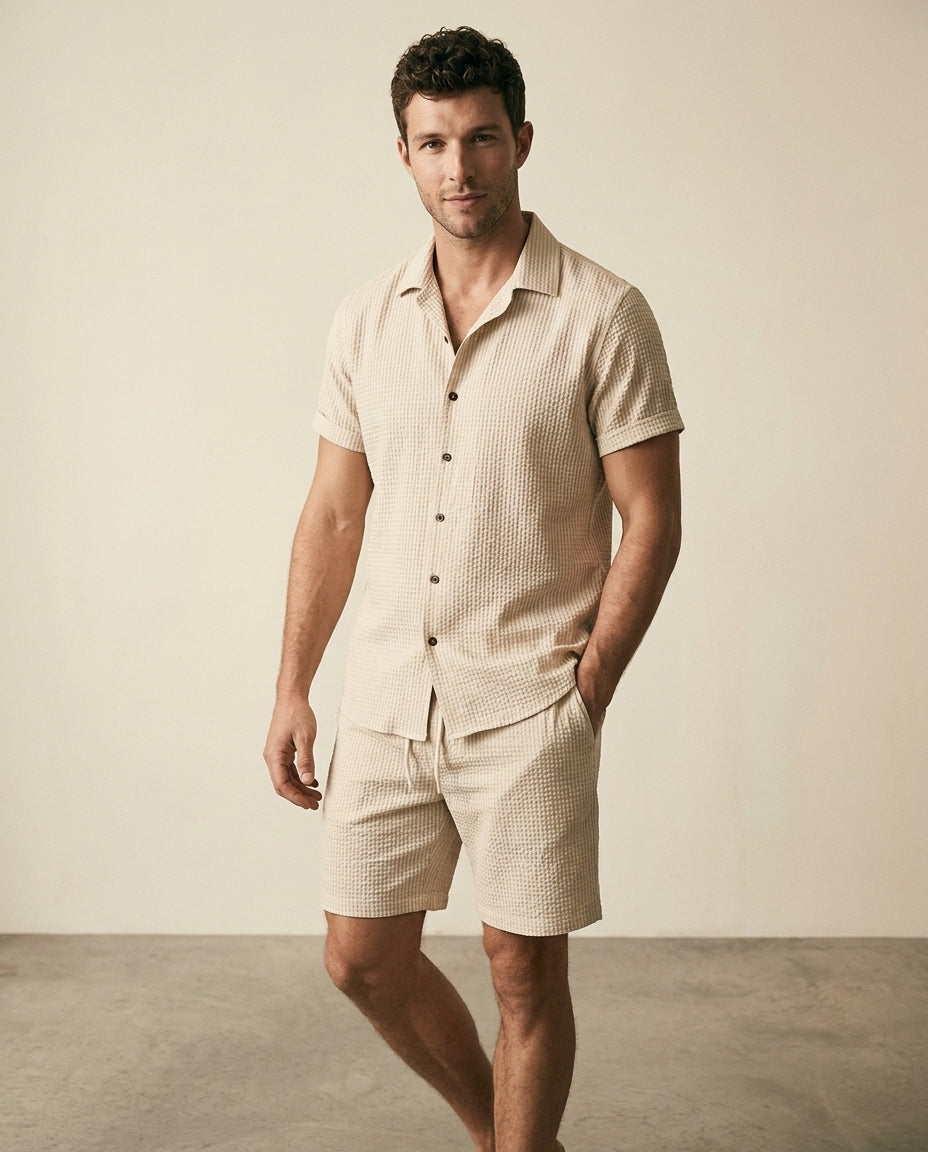 Waffle Texture Shirt & Shorts Set - Cream - view 3