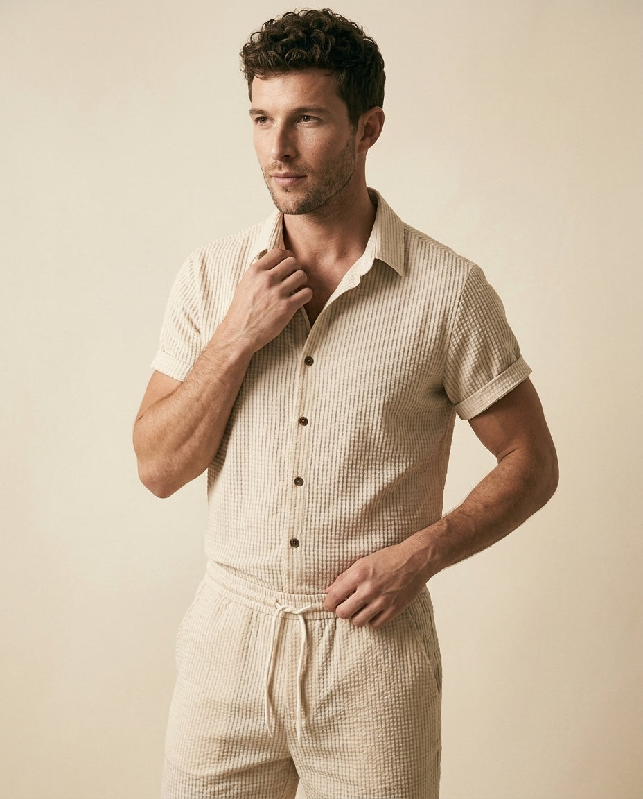 Waffle Texture Shirt & Shorts Set - Cream - view 2