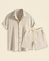Waffle Texture Shirt & Shorts Set - Cream