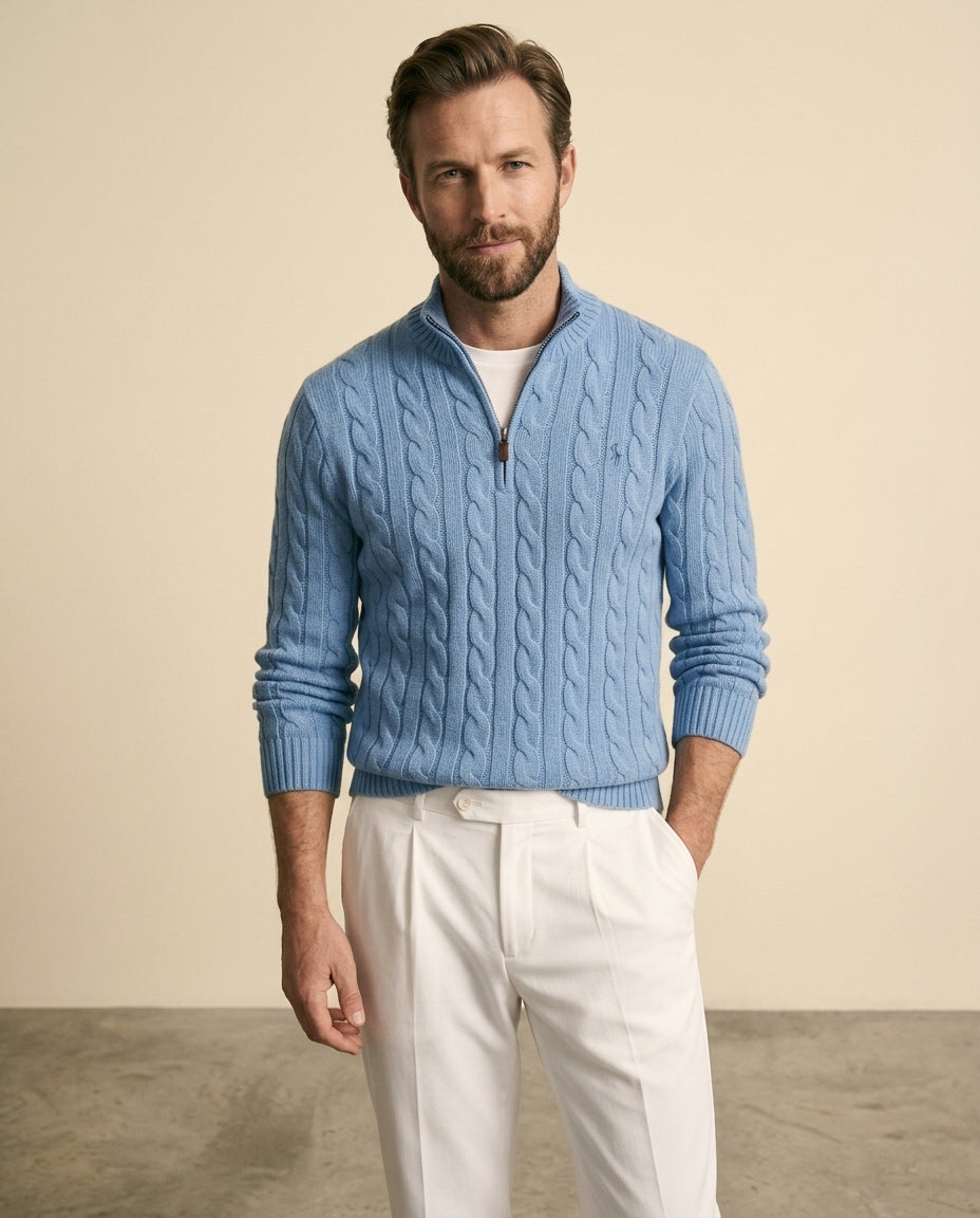 Cable Knit Zip & White Chino Set Blue - Steel Blue + White - view 3