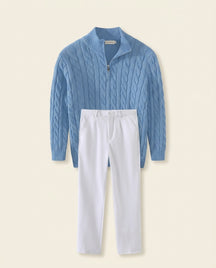 Cable Knit Zip & White Chino Set Blue - Steel Blue + White