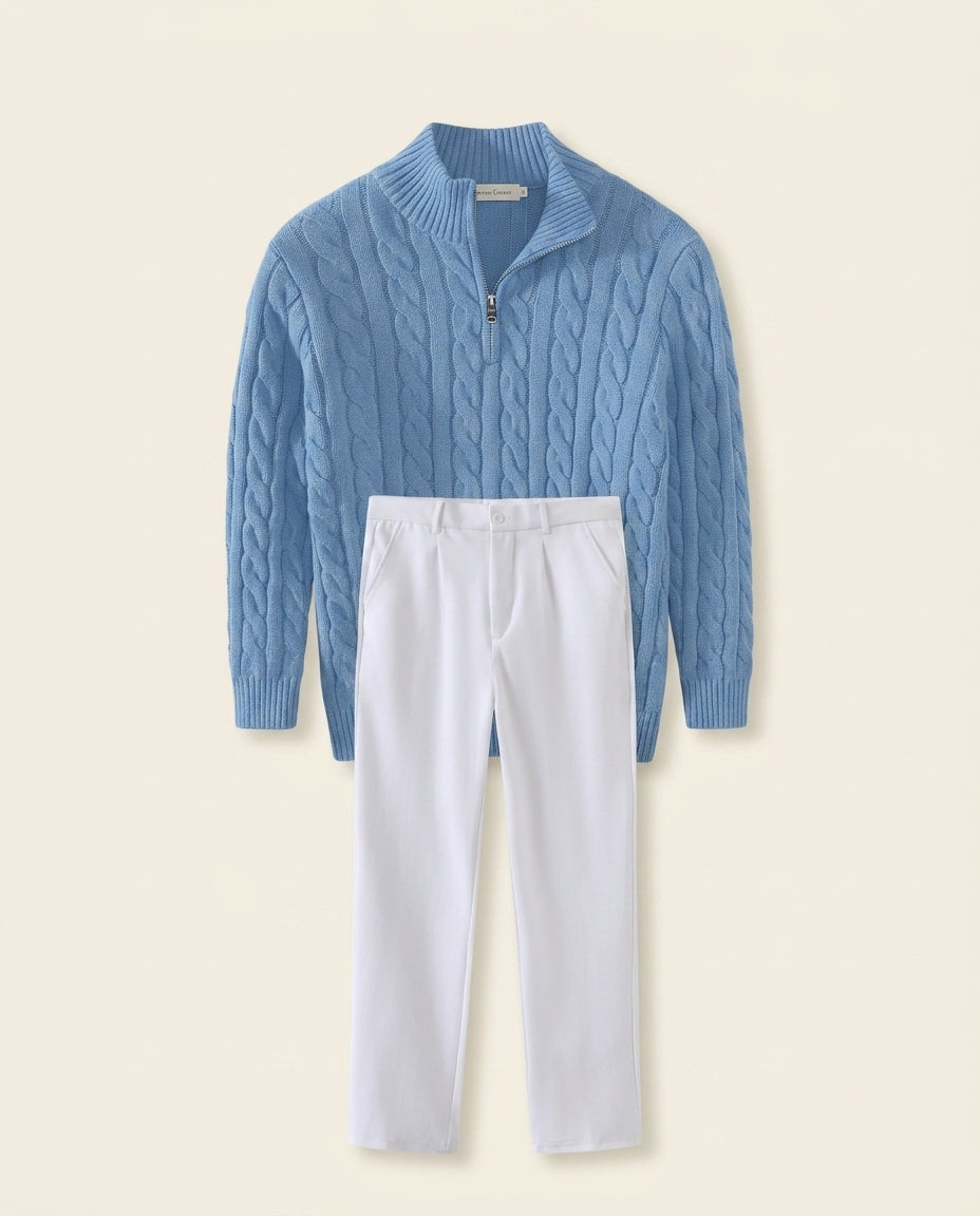 Cable Knit Zip & White Chino Set Blue - Steel Blue + White
