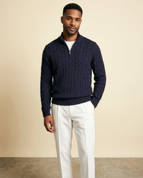 Cable Knit Zip & White Chino Set Navy - Navy Blue + White - view 3
