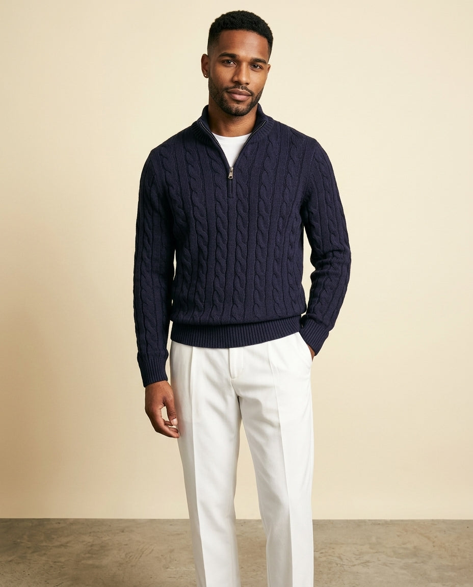 Cable Knit Zip & White Chino Set Navy - Navy Blue + White - view 3