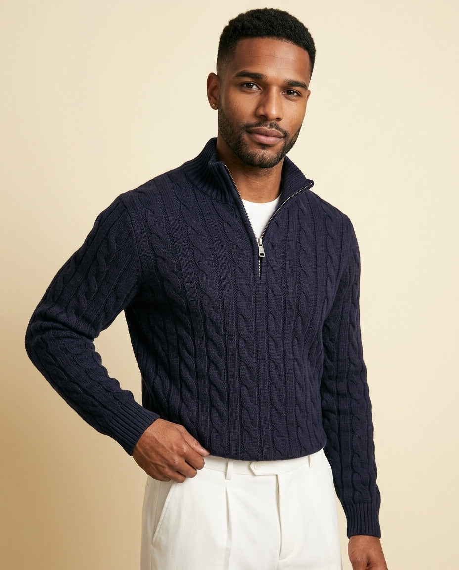 Cable Knit Zip & White Chino Set Navy - Navy Blue + White - view 2