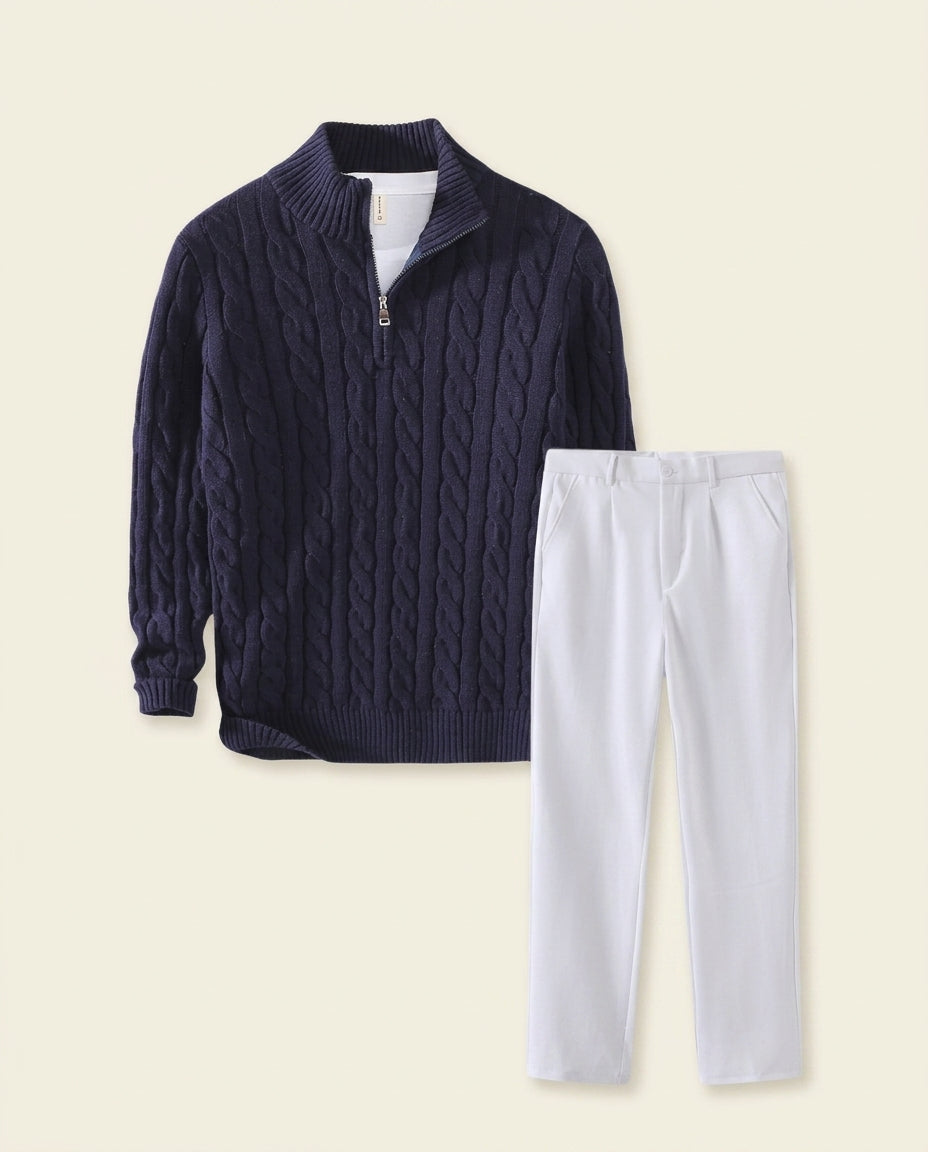 Cable Knit Zip & White Chino Set Navy - Navy Blue + White