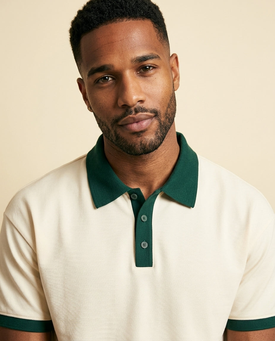 Contrast Collar Knit Polo Cream Green - Cream + Forest Green - view 4