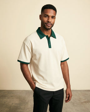 Contrast Collar Knit Polo Cream Green - Cream + Forest Green - view 3