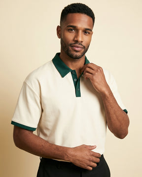 Contrast Collar Knit Polo Cream Green - Cream + Forest Green - view 2