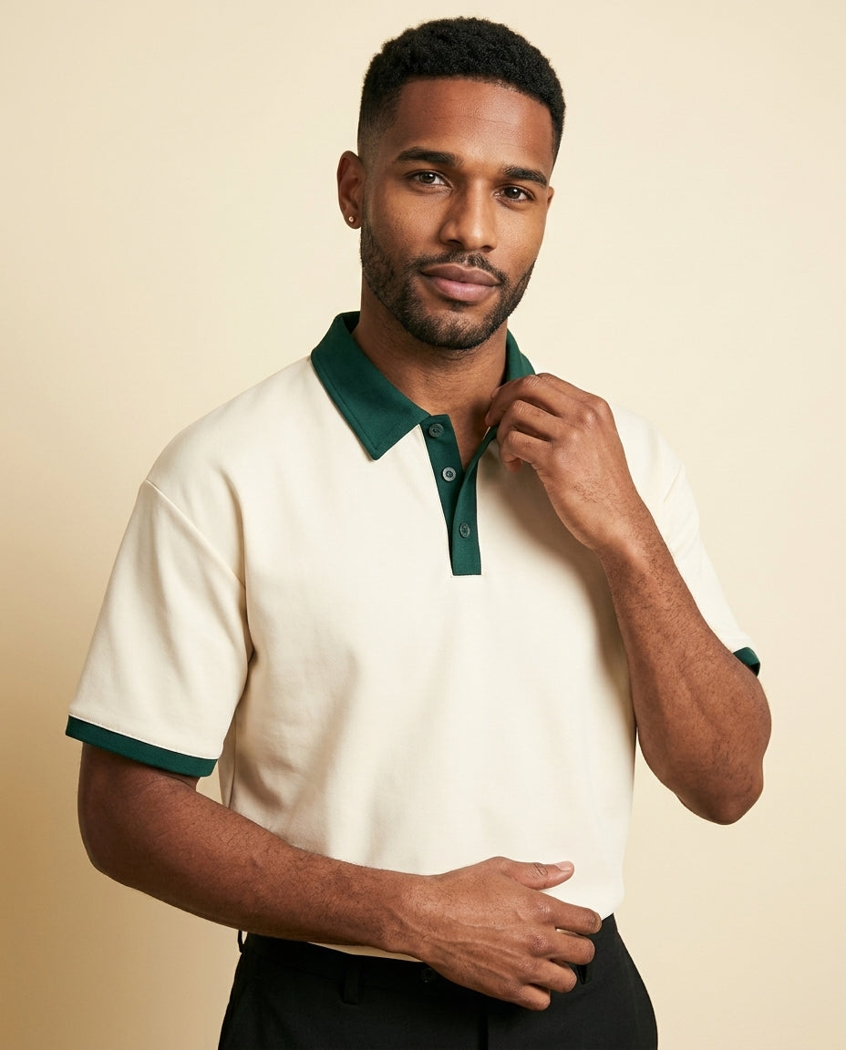 Contrast Collar Knit Polo Cream Green - Cream + Forest Green - view 2