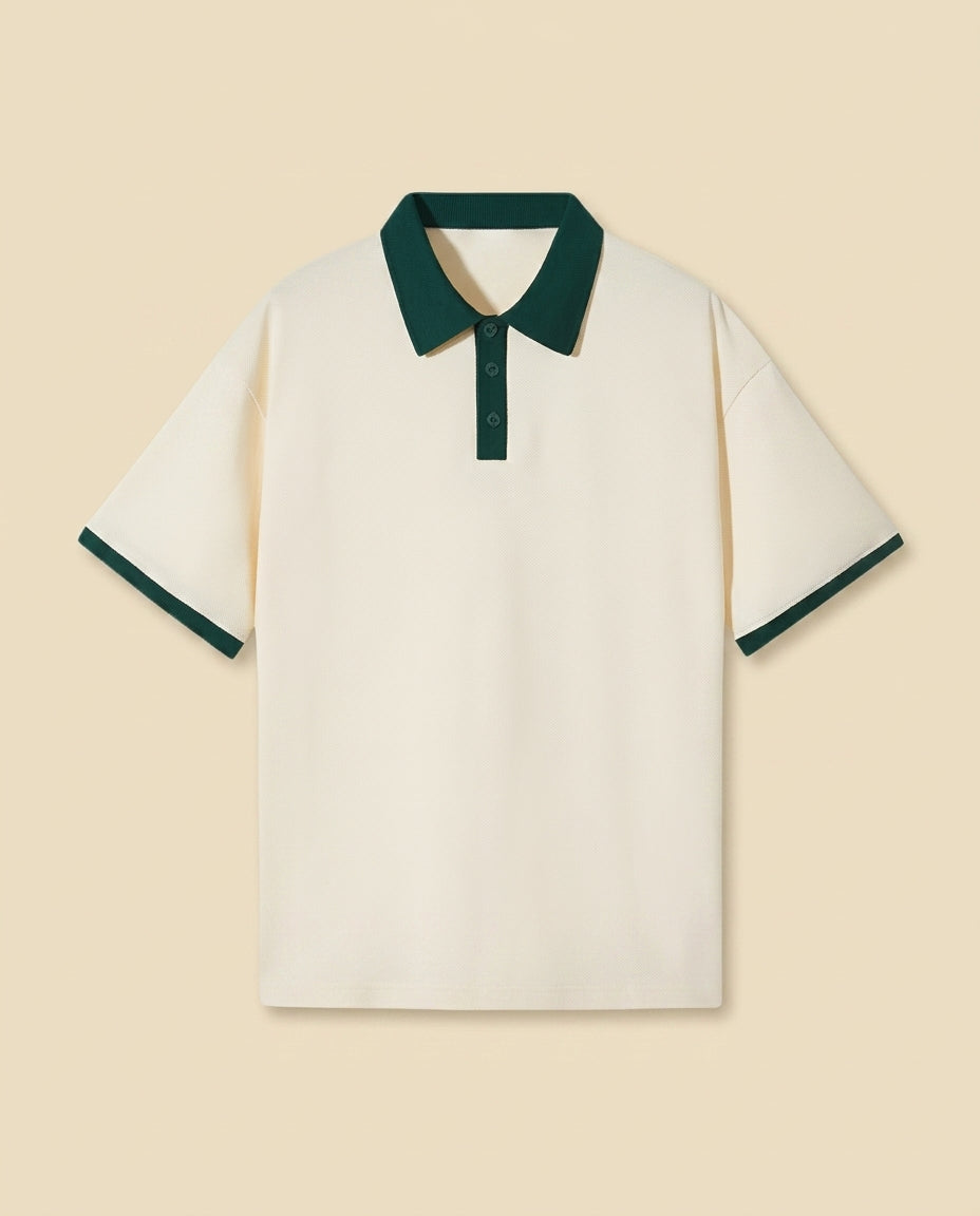 Contrast Collar Knit Polo Cream Green - Cream + Forest Green