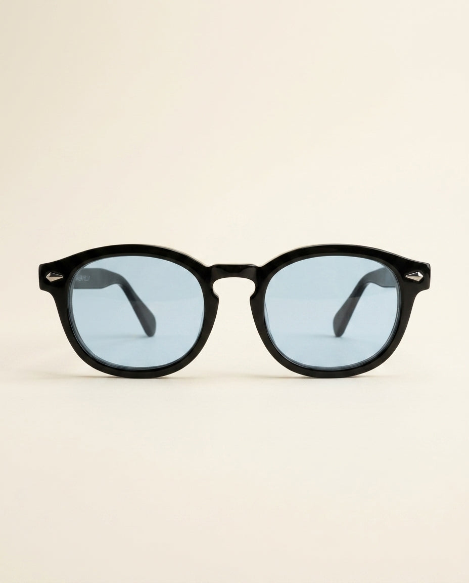 Retro Round Sunglasses Black Blue - Black + Blue Lens