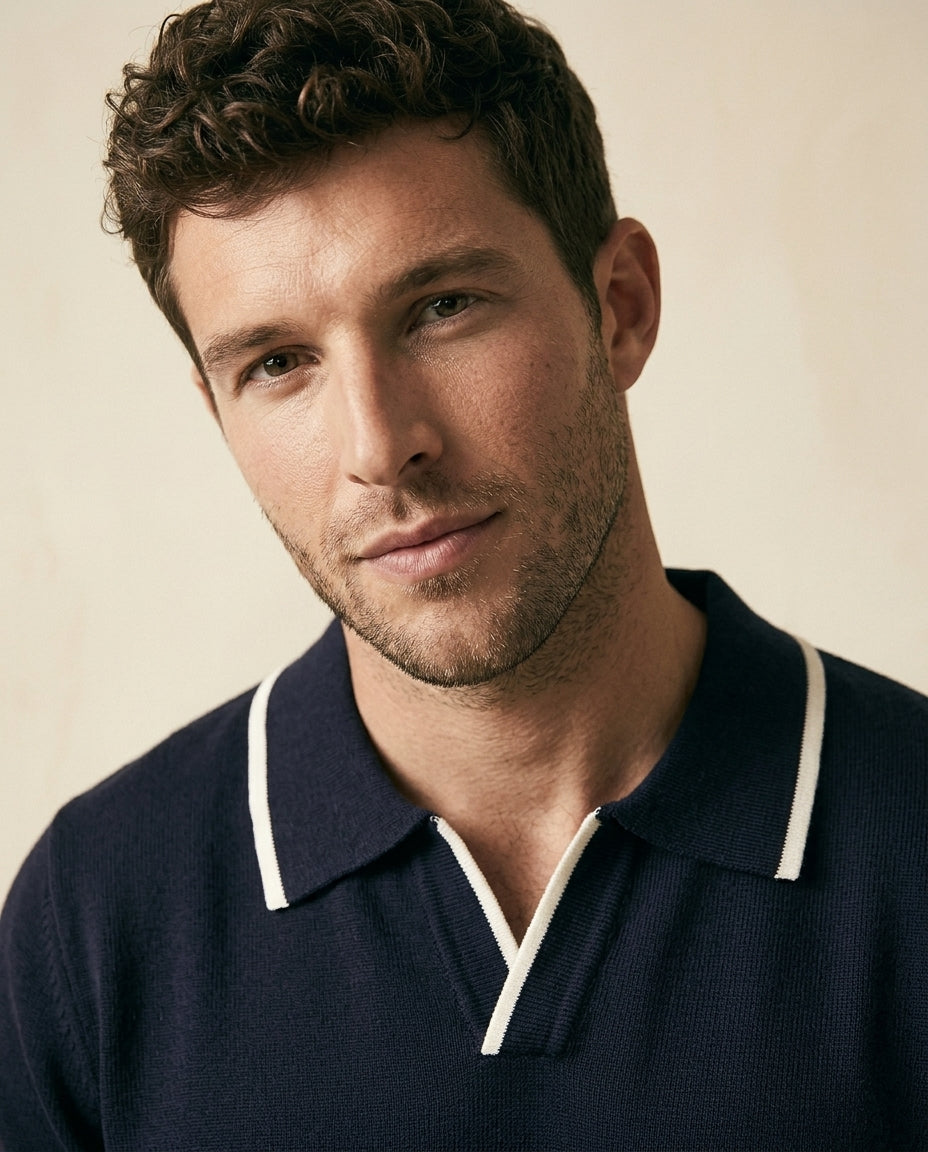 Navy Knit Polo & White Linen Trousers Set - Navy + White - view 4