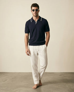 Navy Knit Polo & White Linen Trousers Set - Navy + White - view 3