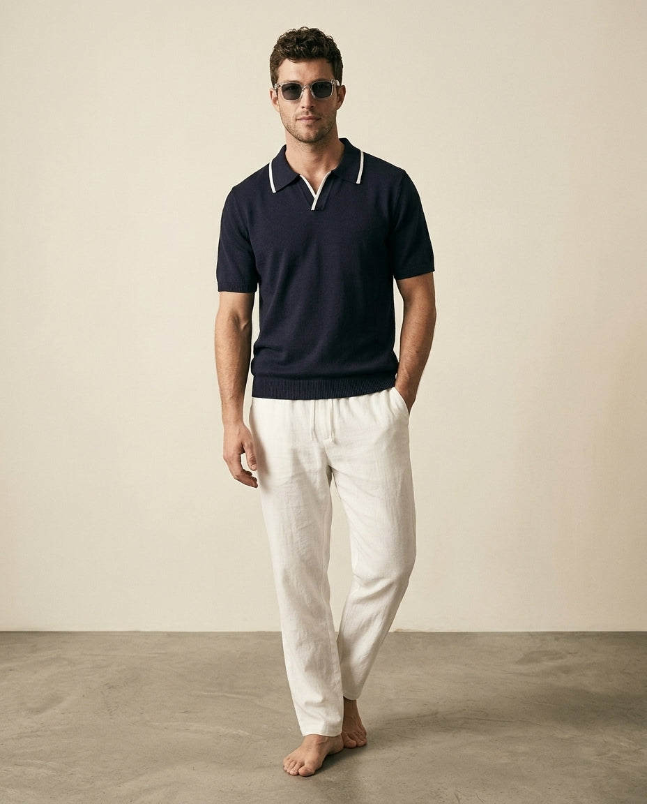 Navy Knit Polo & White Linen Trousers Set - Navy + White - view 3