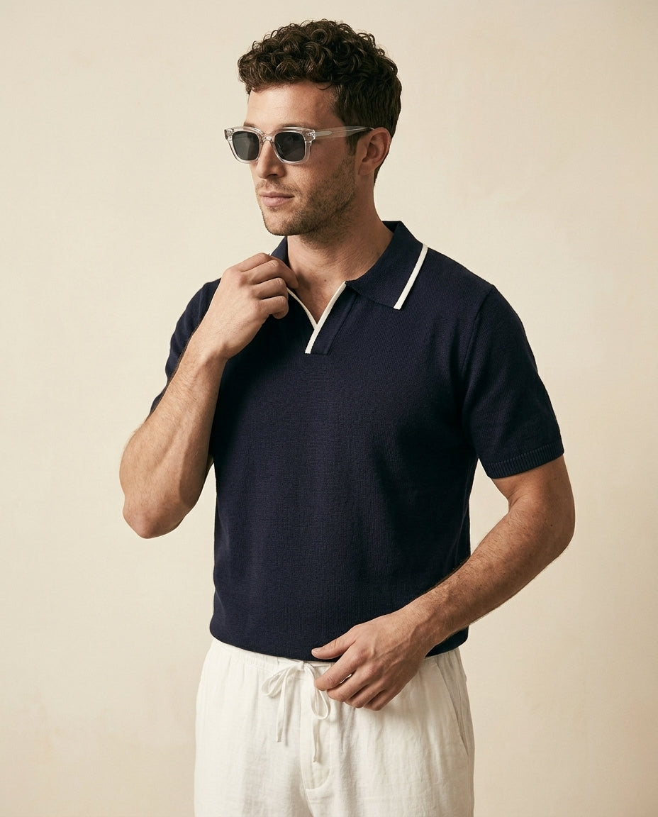 Navy Knit Polo & White Linen Trousers Set - Navy + White - view 2
