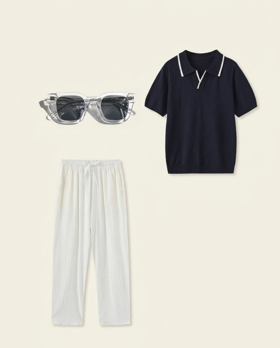 Navy Knit Polo & White Linen Trousers Set - Navy + White