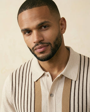 Stripe Knit Shirt & Linen Trousers Set - Cream + Beige - view 4