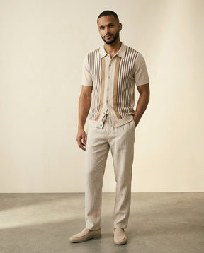 Stripe Knit Shirt & Linen Trousers Set - Cream + Beige - view 3