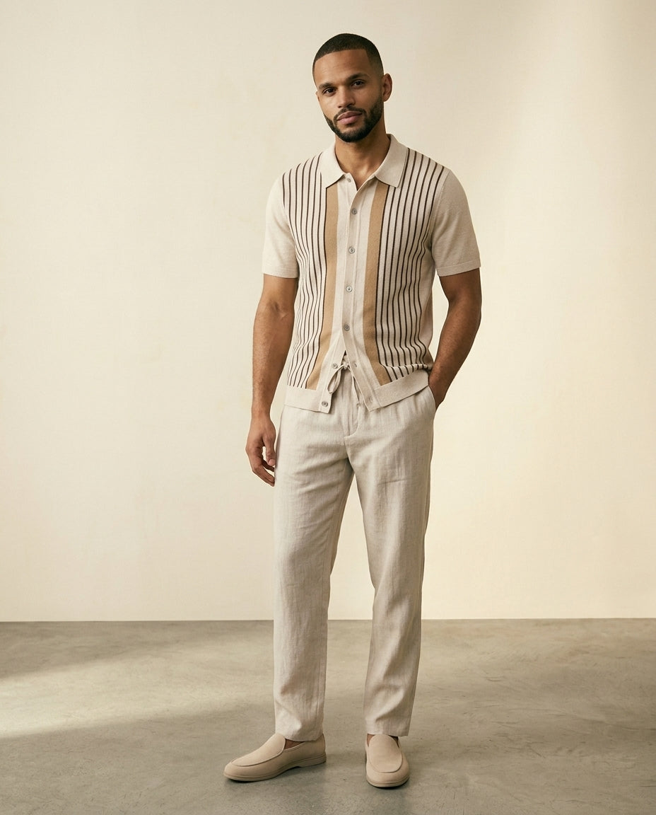 Stripe Knit Shirt & Linen Trousers Set - Cream + Beige - view 3