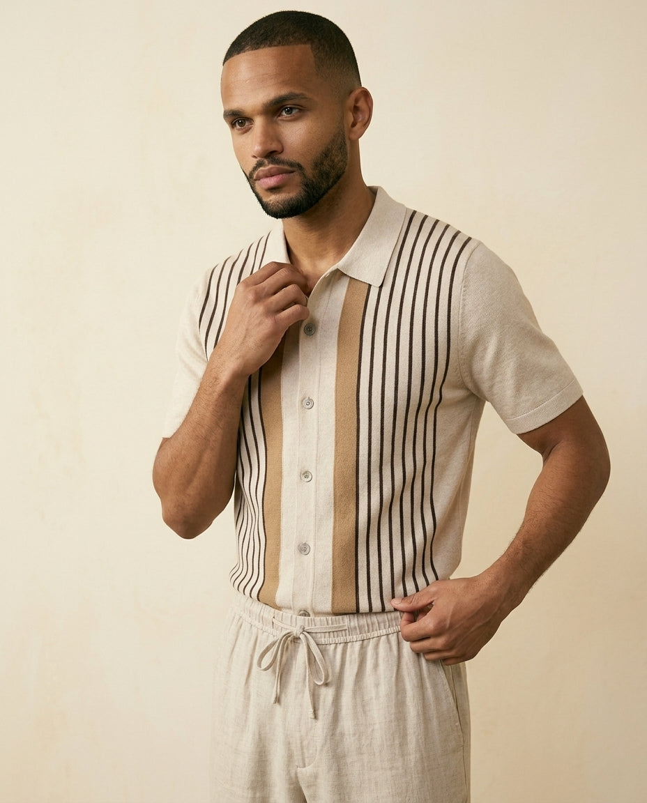 Stripe Knit Shirt & Linen Trousers Set - Cream + Beige - view 2