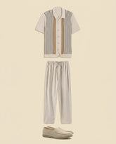 Stripe Knit Shirt & Linen Trousers Set - Cream + Beige