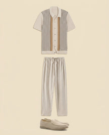 Stripe Knit Shirt & Linen Trousers Set - Cream + Beige