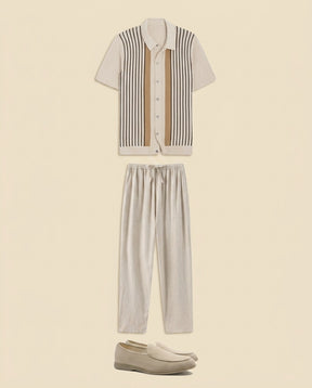 Stripe Knit Shirt & Linen Trousers Set - Cream + Beige