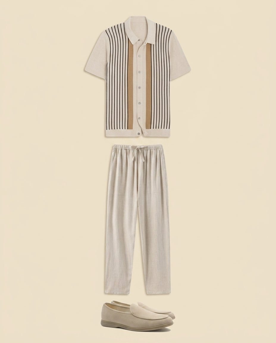 Stripe Knit Shirt & Linen Trousers Set - Cream + Beige