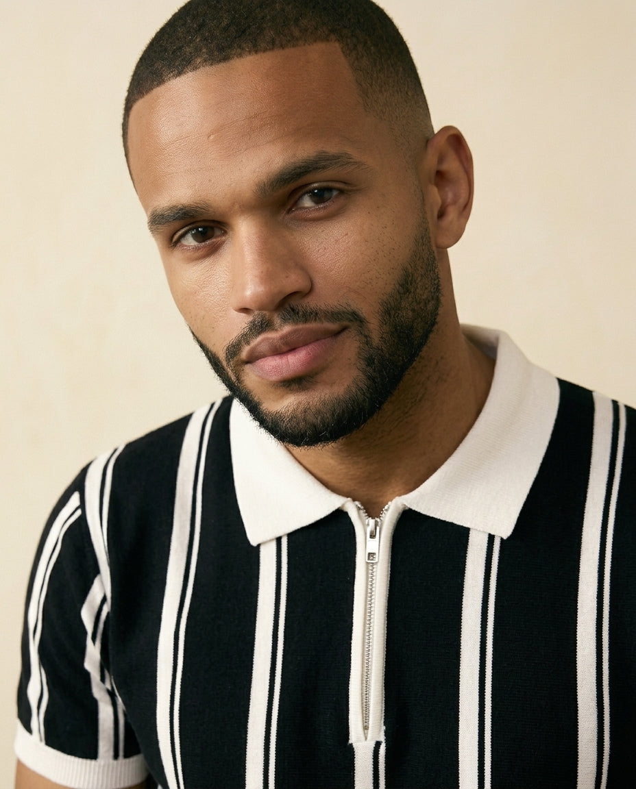Stripe Zip Polo Shirt Black White - Black + White - view 4