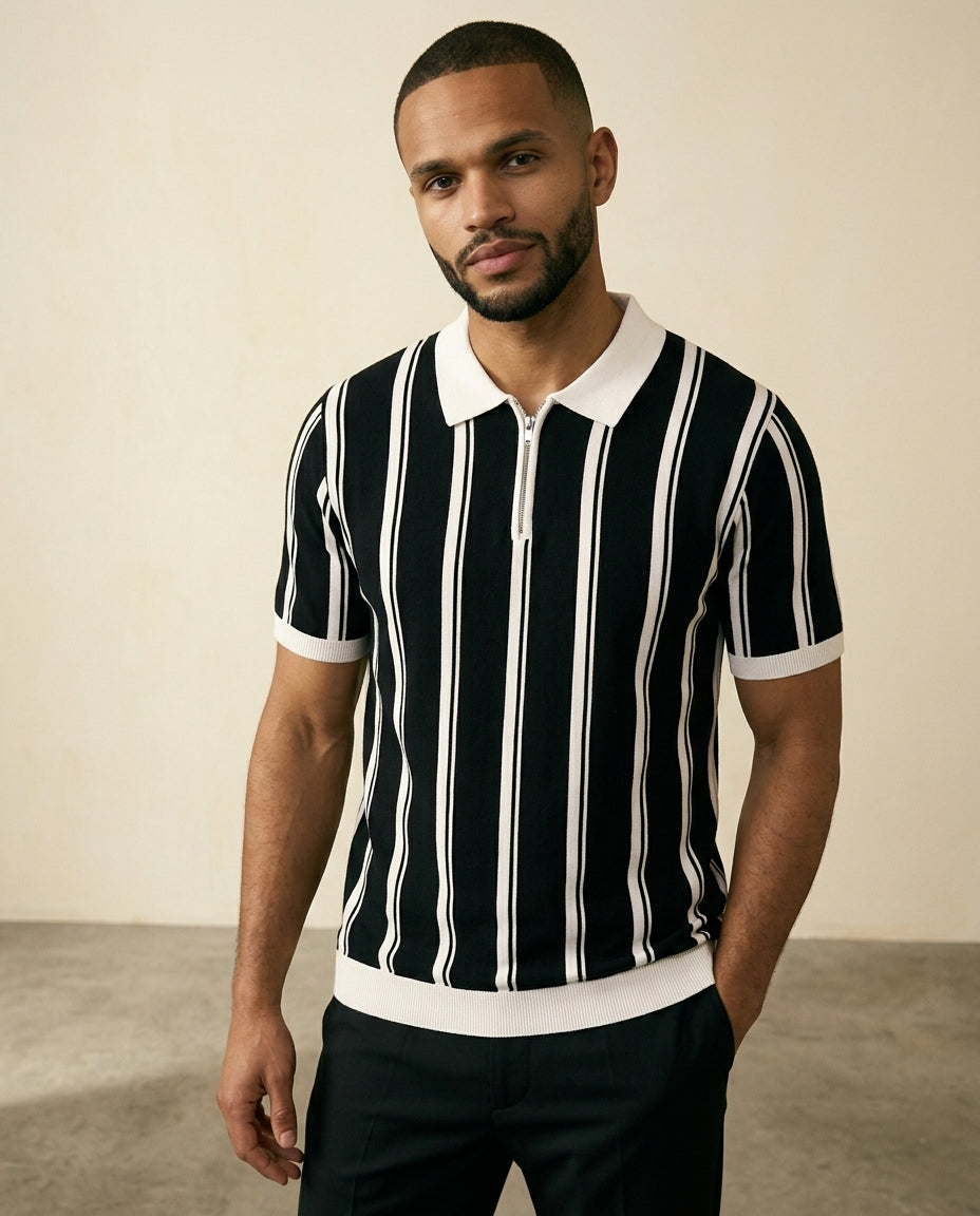 Stripe Zip Polo Shirt Black White - Black + White - view 3