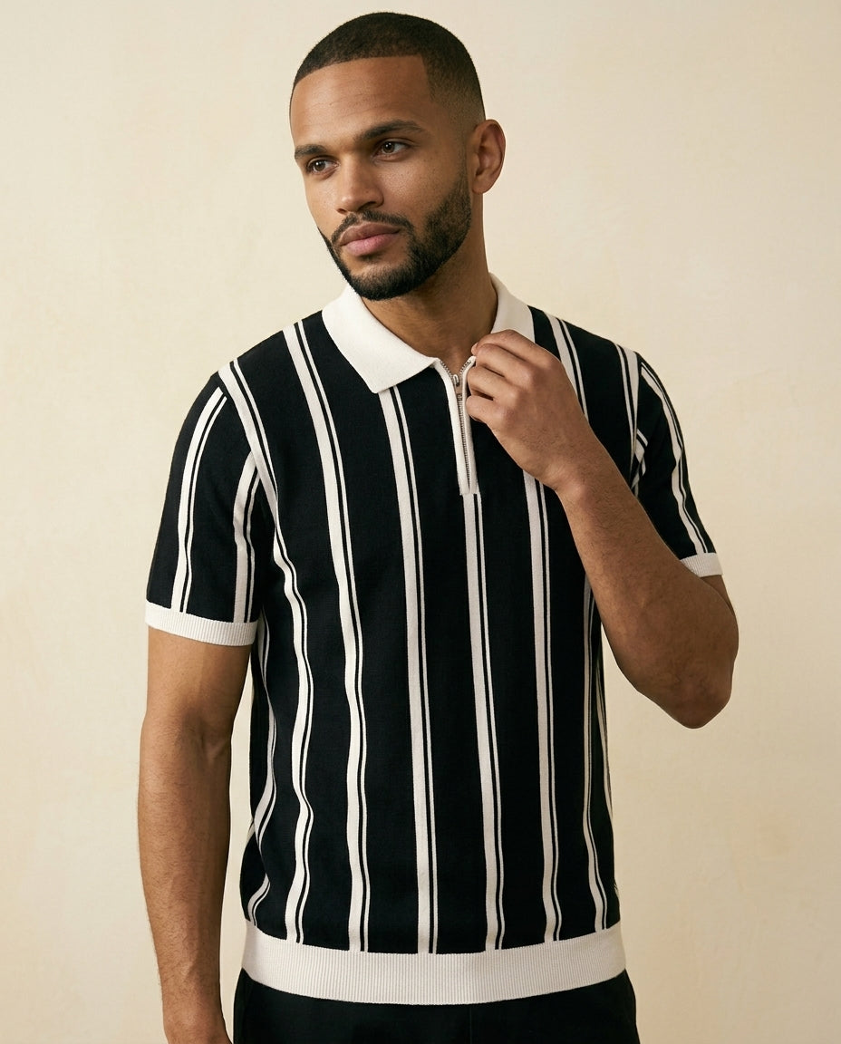 Stripe Zip Polo Shirt Black White - Black + White - view 2