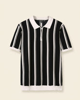 Stripe Zip Polo Shirt Black White - Black + White