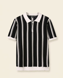 Stripe Zip Polo Shirt Black White - Black + White