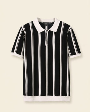 Stripe Zip Polo Shirt Black White - Black + White