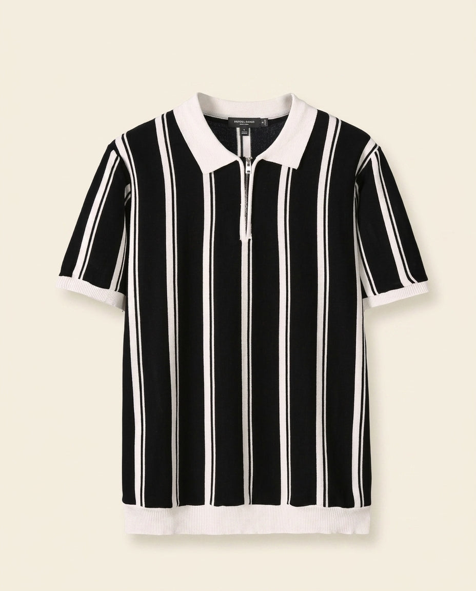 Stripe Zip Polo Shirt Black White - Black + White