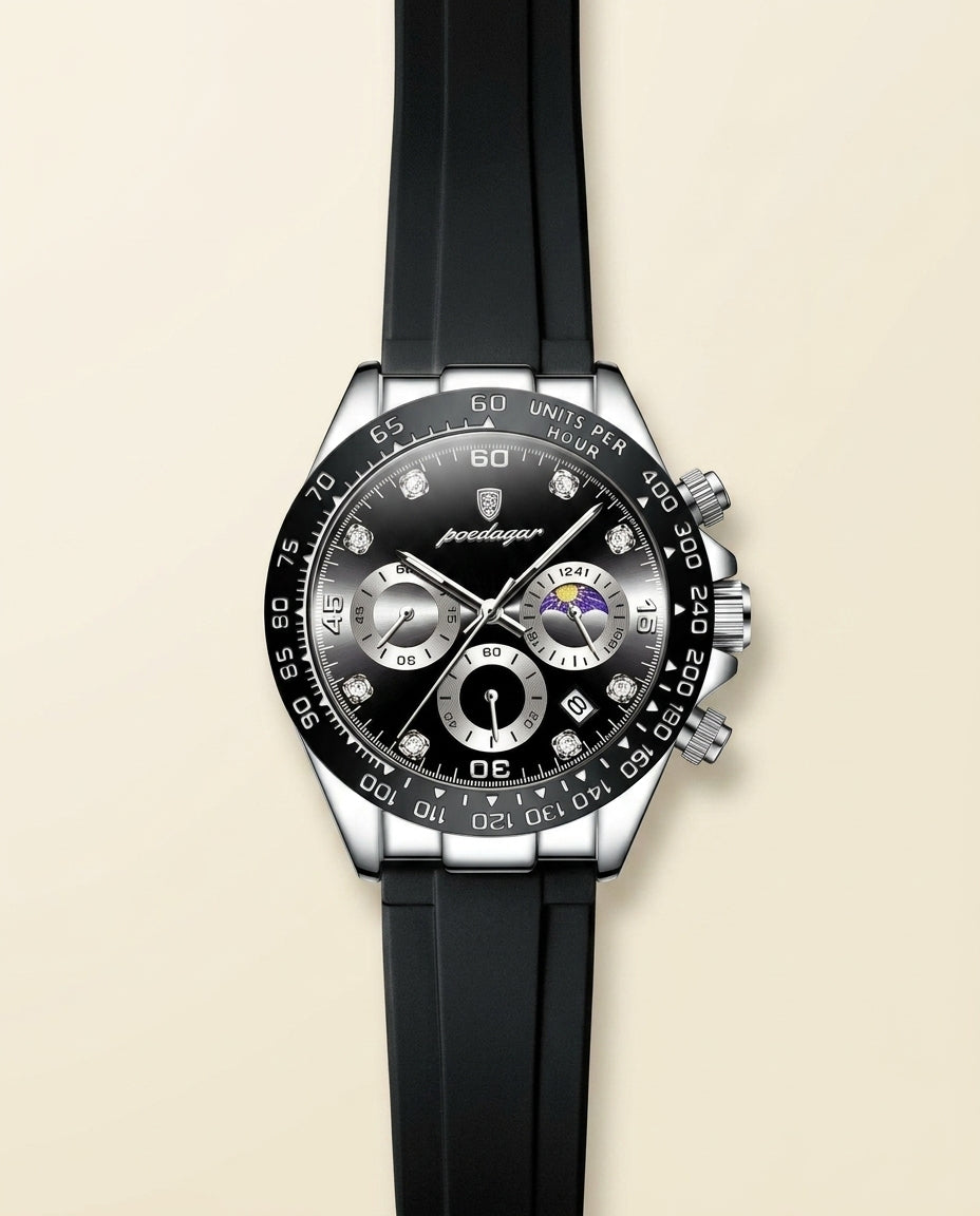 PD Signature Moonphase Rubber Strap Watch - Silver + Black
