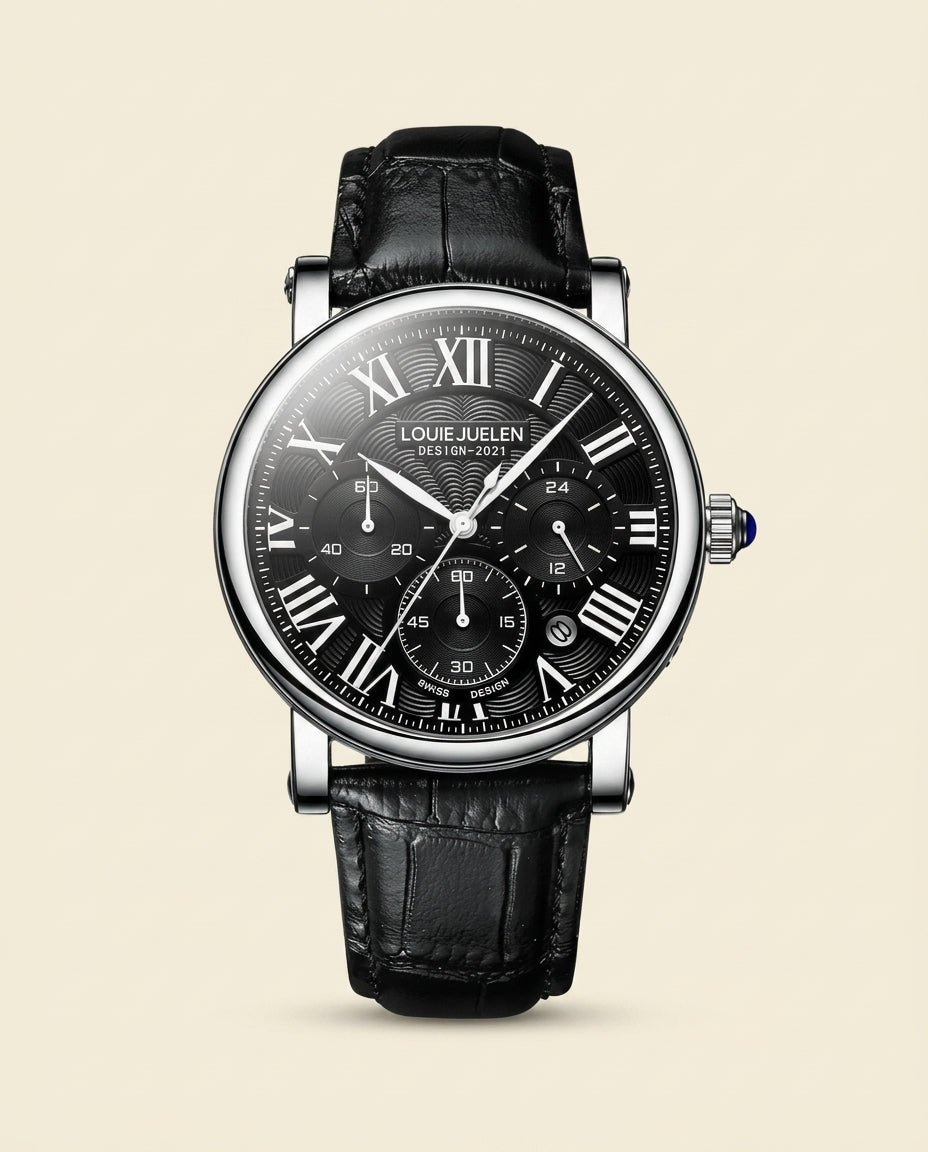 LJ Prestige Roman Dial Leather Watch - Silver + Black Leather