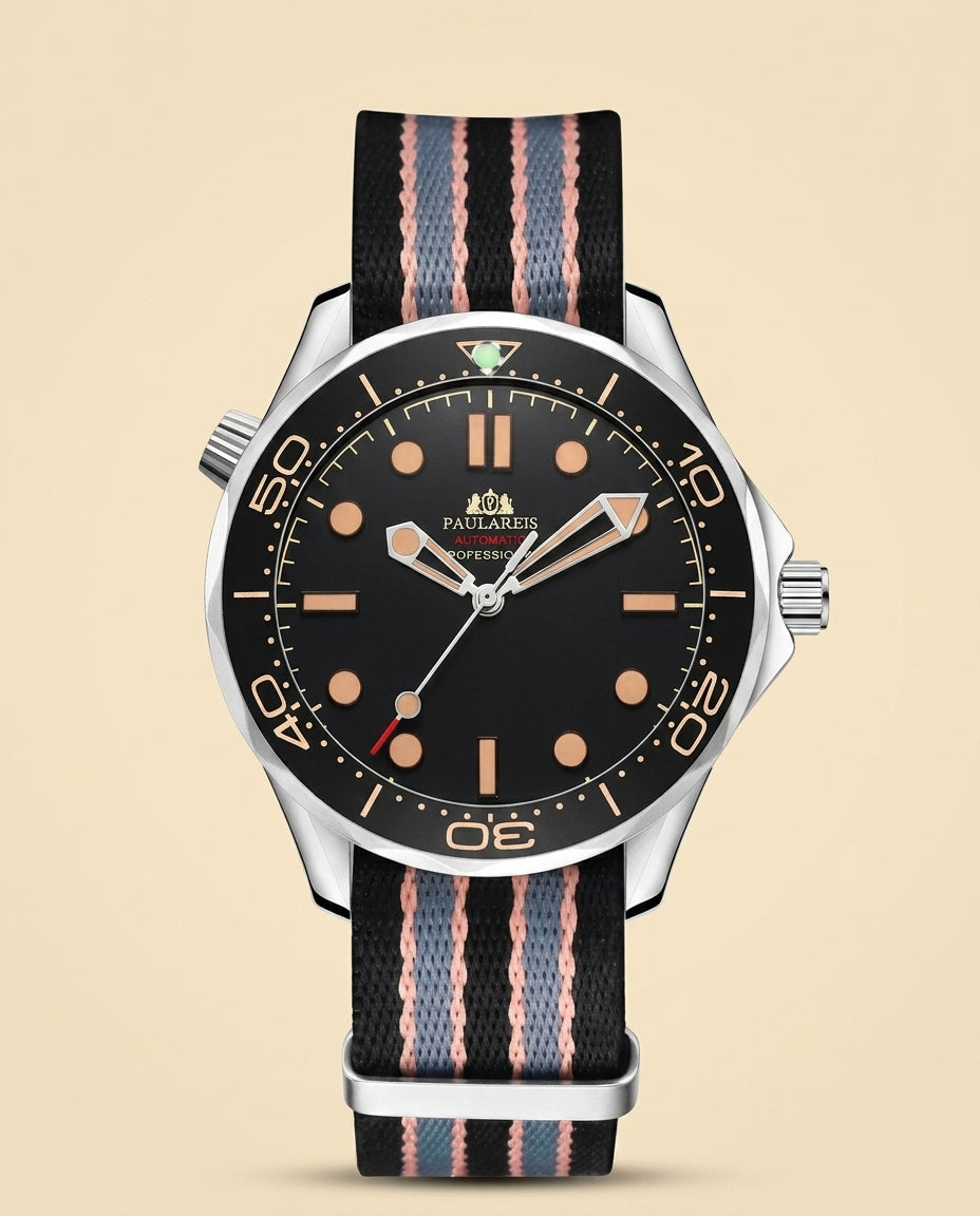 PR Automatic Diver Watch NATO Strap - Black + Rose Gold + NATO