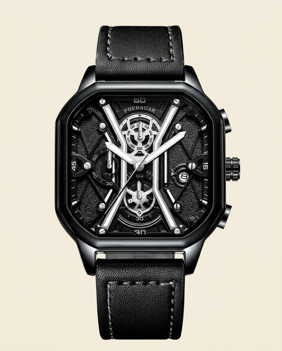 PD Elite Skeleton Square Chronograph Black - Black