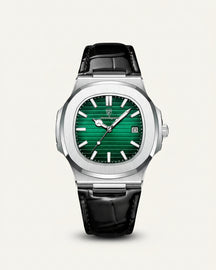 Relogio de Couro Preto Luxe Civano fundo verde