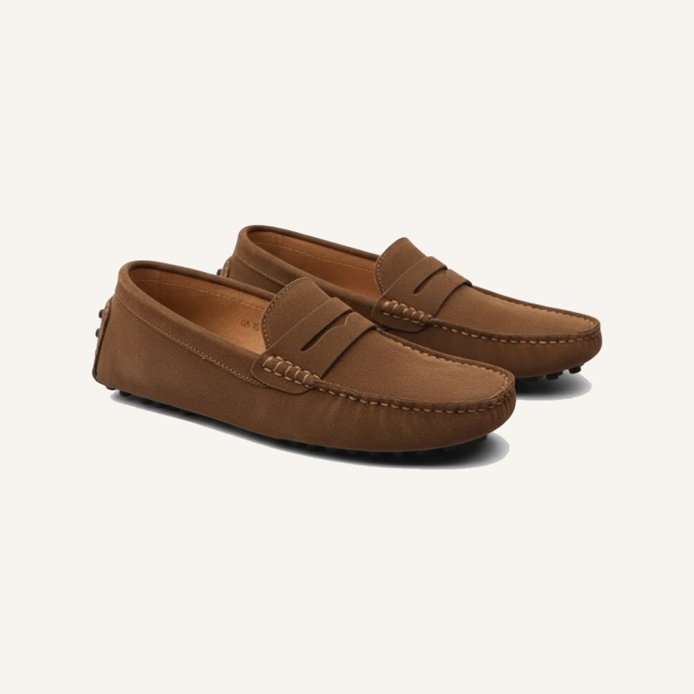 Brown suede driver loafer by SanValier, featuring moccasin stitching and a penny loafer strap.
