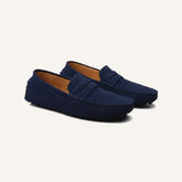 Men's blue suede driver loafers by SanValier, featuring penny loafer strap and rubber pebble sole.