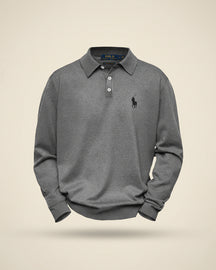 Gray long-sleeve polo shirt by Ralph Lauren, featuring a spread collar and three-button placket.